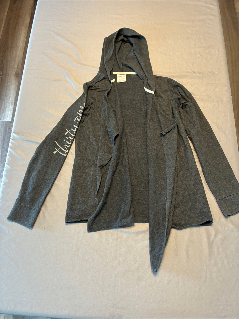 thirty-one Charcoal Hooded Open-Front Cardigan with Sleeve Script